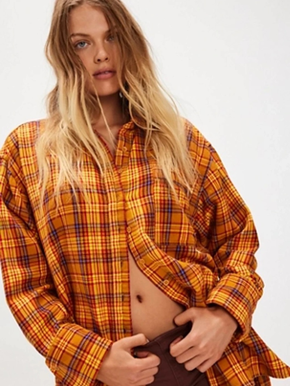 Free People Hallie Plaid Button Down Oversized Grunge Flannel Shirt Cozy Size M